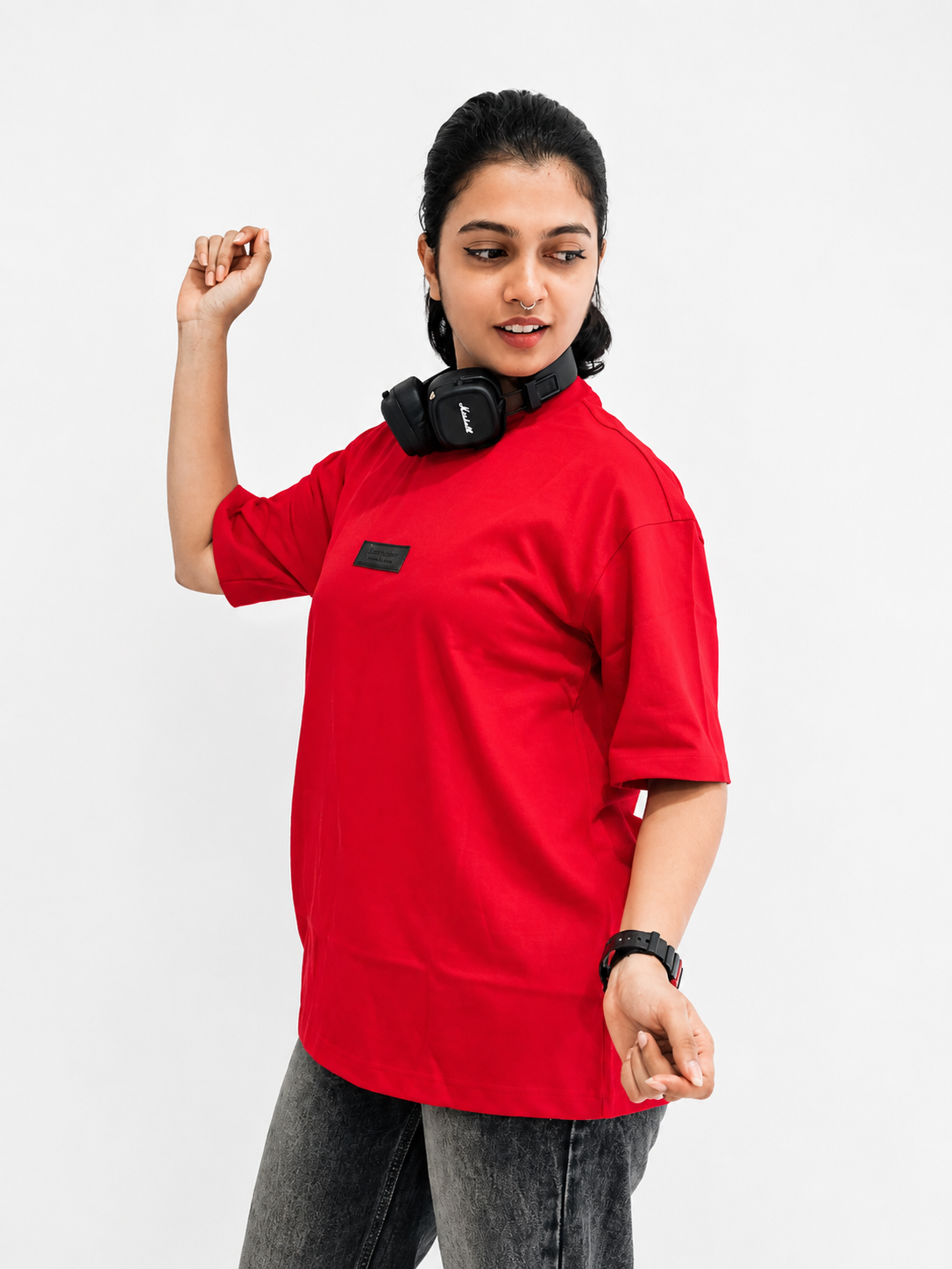 Women Red Black Geometric Flow Graphic Tee