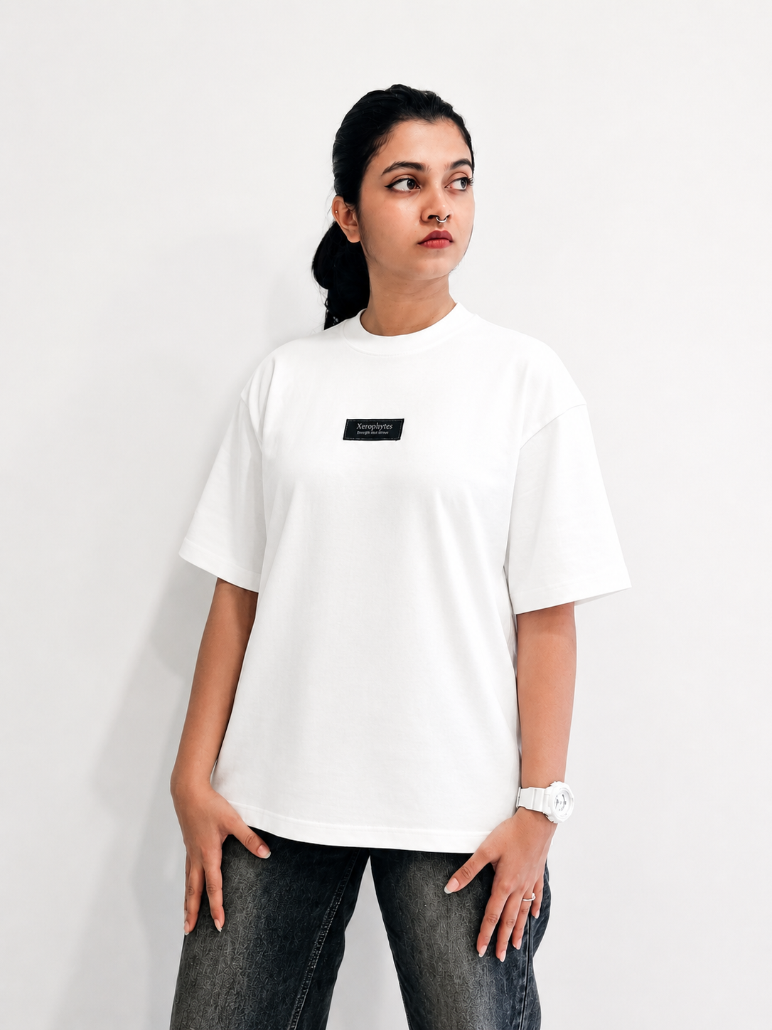 Women White Royal Blue Clover Graphic: